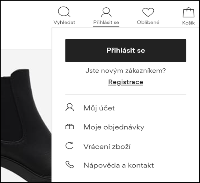 Zobrazení přihlašovací obrazovky s indikátorem nastaveným na 'Jste nový zákazník'? 'Registrovat'.