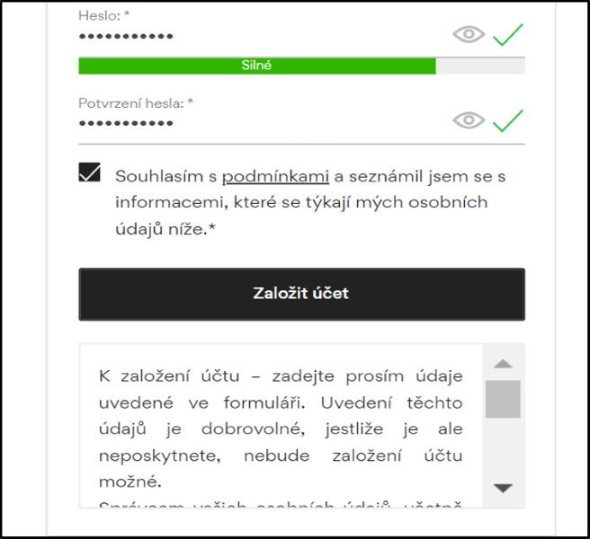 Zobrazení formuláře pro vytvoření účtu a nastavení hesla se zaškrtnutou možností 'Souhlasím s podmínkami služby a přečetl/a jsem si níže uvedené informace týkající se mých osobních údajů'. Indikátor nastavený na tlačítko 'Vytvořit účet'.
