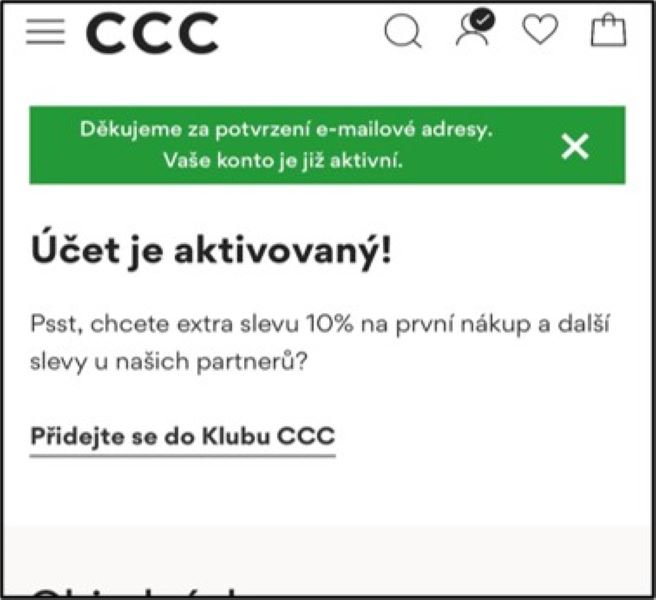 Zobrazení obrazovky s informací, že váš účet je aktivován a že vstupem do klubu CCC můžete získat 10% slevu na první nákupy a další slevy od našich partnerů. Ukazatel směřující na 'Join the CCC Club' (Připojit se ke klubu CCC).