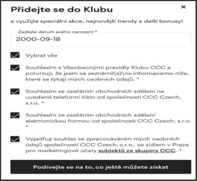 Zobrazení obrazovky s vyznačenými souhlasy, jako například Souhlasím s obchodními podmínkami, Souhlasím se zasíláním obchodních informací od společnosti CCC S.A. se sídlem v Polkowicích e-mailem nebo na uvedené telefonní číslo. Indikátor ukazuje na tlačítko 'Potvrzuji'.
