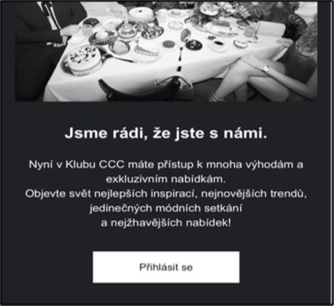 Zobrazení obrazovky CCC Club s obsahem: 'Podívejte se na nabídky a slevy připravené speciálně pro vás. Zkontrolujte si své výhody. Zjistěte více'.