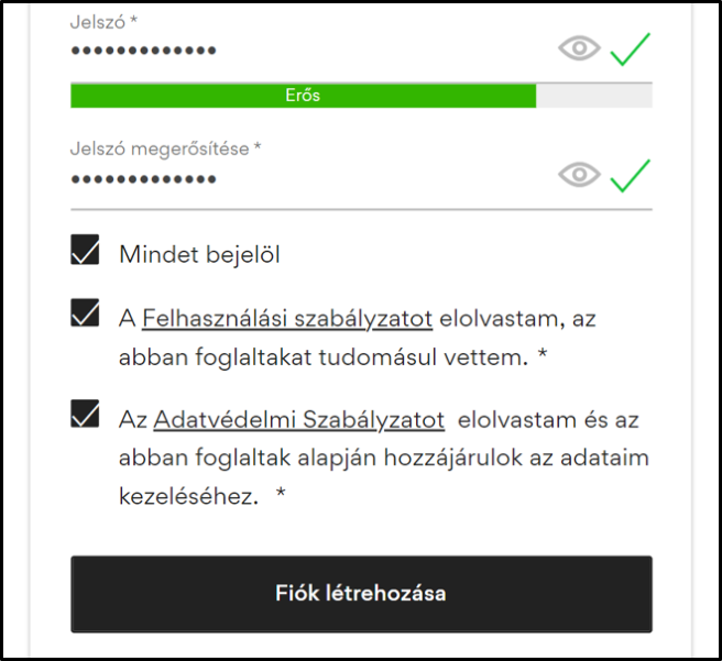 A fiók létrehozására és a jelszó beállítására szolgáló űrlap képernyőnézete a 'Elfogadom a szolgáltatási feltételeket, és elolvastam az alábbi, személyes adataimra vonatkozó információkat.' jelölőnégyzet bejelölésével. A 'Fiók létrehozása' gombra állított mutató.