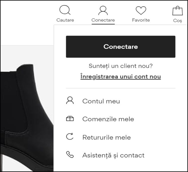 Vizualizare a ecranului de conectare cu indicatorul setat la 'Sunteți un client nou? 'Înregistrare'.