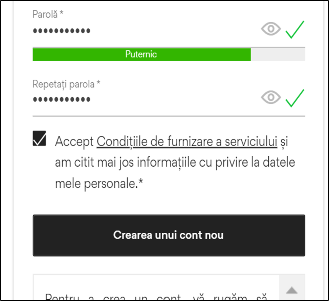 Ecranul formularului de creare a contului și de setare a parolei cu opțiunea 'Accept termenii serviciului și am citit informațiile privind datele mele personale de mai jos.' bifată. Indicator setat pe butonul 'Create account' (Creare cont).