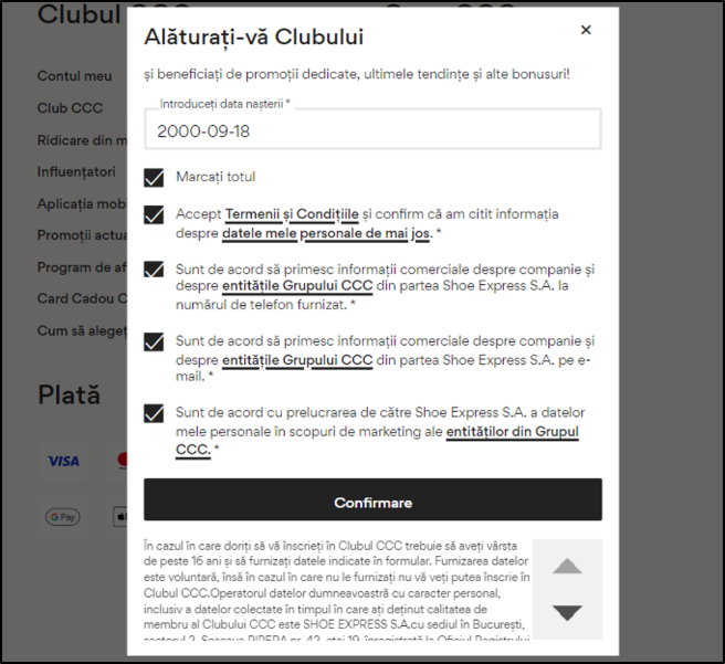 Vizualizarea ecranului cu consimțământul marcat, cum ar fi Accept termenii și condițiile, sunt de acord să primesc de la CCC S.A. cu sediul în Polkowice, informații comerciale prin e-mail sau la numărul de telefon furnizat. Indicatorul indică butonul 'Confirm'.