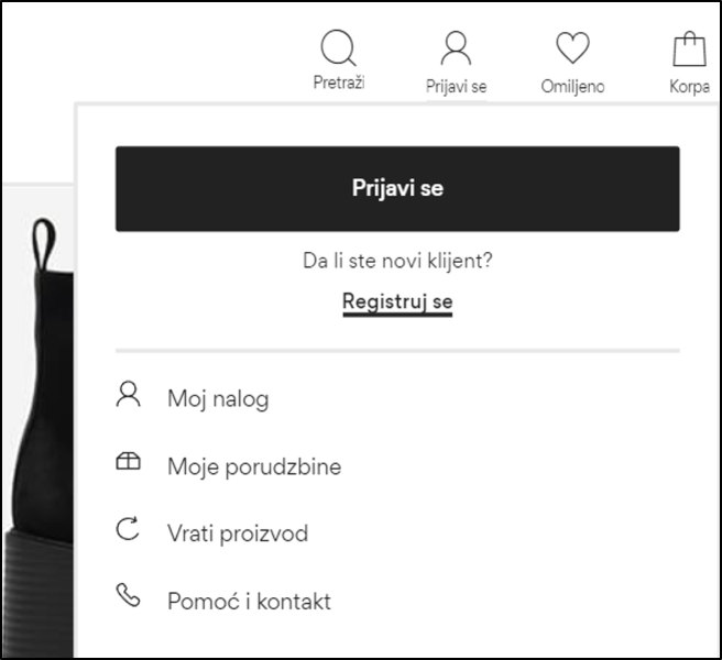 Prikaz ekrana za prijavu sa indikatorom postavljenim na 'Da li ste novi kupac?' 'Registrovati'.