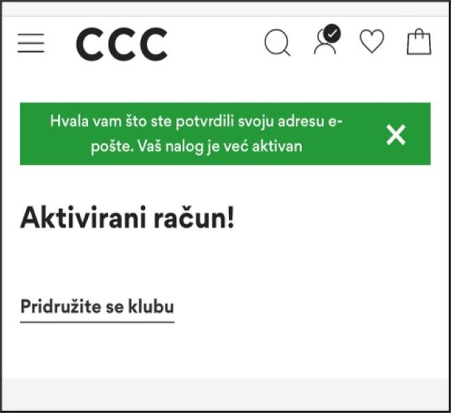 Prikaz ekrana sa obaveštenjem da je nalog aktiviran i da učlanjenjem u CCC klub možete ostvariti dodatnih 10% popusta na prve kupovine i dodatne popuste od naših partnera. Pointer usmeren na 'Pridružite se CCC klubu'.