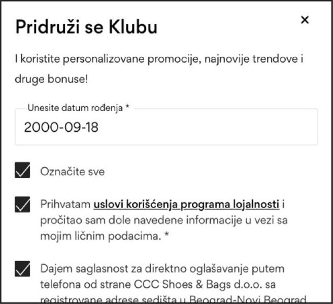 Pogled na ekran sa izabranim saglasnostima kao što su Prihvatam propise, saglasan sam sa primanjem od CCC S.A. sa sedištem u Polkovicama, komercijalne informacije putem e-pošte ili na navedeni broj telefona. Pokazivač pokazuje na dugme 'Potvrdi'.