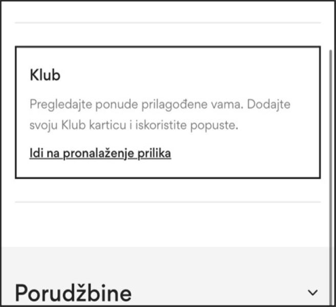 Pogled na ekran CCC Club-a sa sledećim sadržajem: 'Pogledajte ponude i popuste pripremljene specijalno za vas. Proverite svoje prednosti. Otkrij više.'