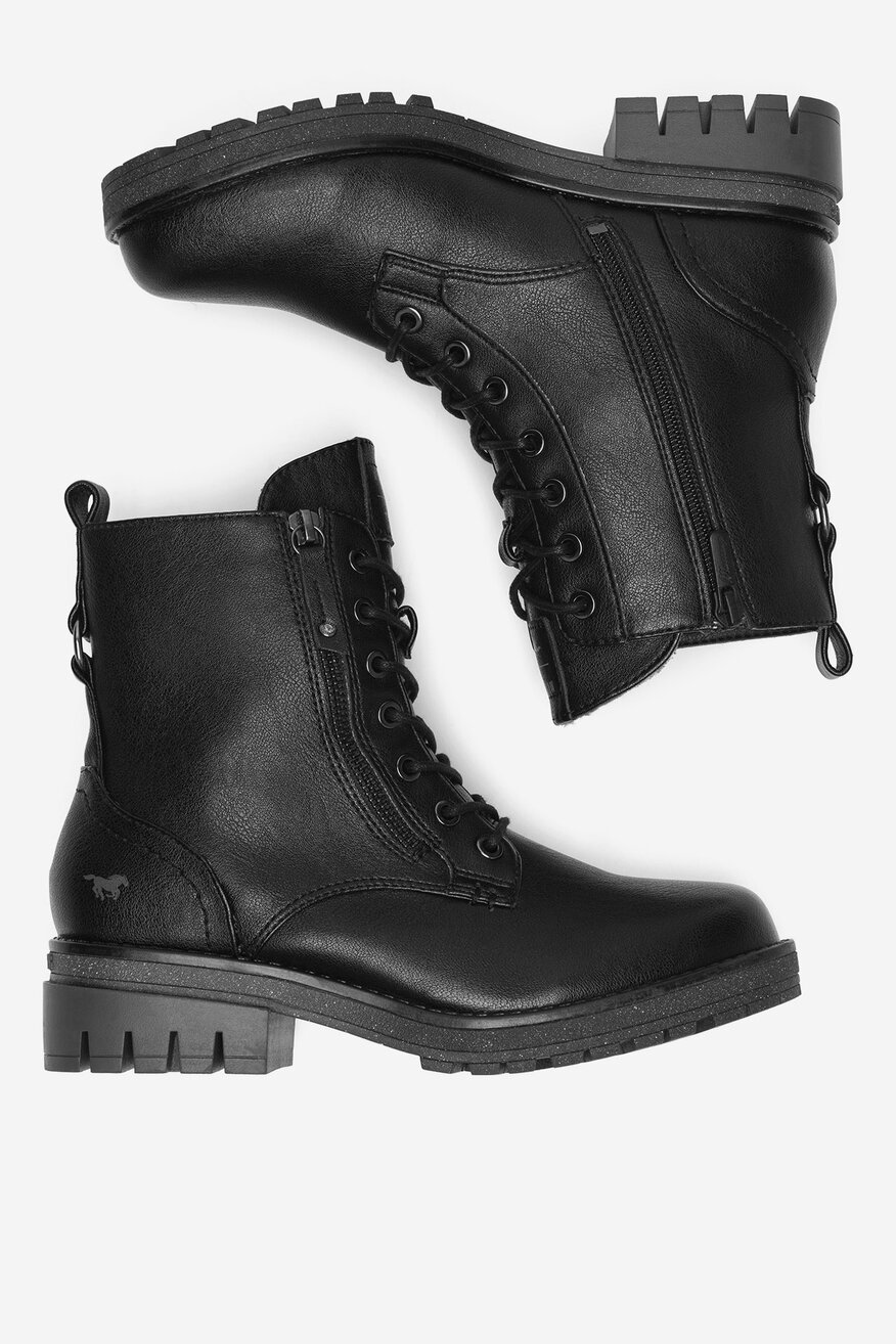 Stivaletti Donna Mustang 1397-602 Con Lacci E Fodera Calda - Combinazione Materiali Alla Moda, Suola Profilata, Chiusura Lampo